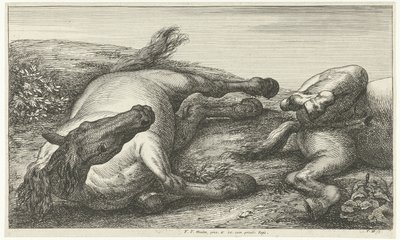 2頭の倒れた馬、正面から見た左 落ち馬（シリーズタイトル） 作： Jan van Huchtenburg