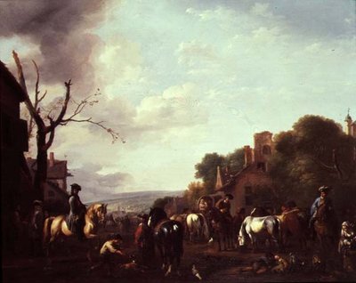 騎手と旅行者が村で止まった 作： Jan van Huchtenburgh