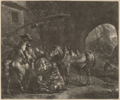 旅館の前にいる 2 人の子供と馬を持つ母親 作： Jan van Huchtenburgh