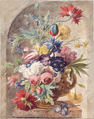 オランダ：ニッチの台座に置かれた耳付きの花瓶に入った花の静物 花の静物 作： Jan van Huysum
