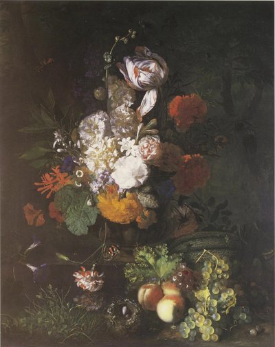 フルーツと芝生のフラワーピース 作： Jan van Huysum