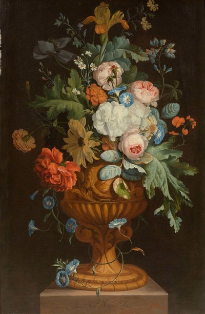 台座に置かれたテラコッタの花瓶に生けられた花々 作： Jan van Huysum