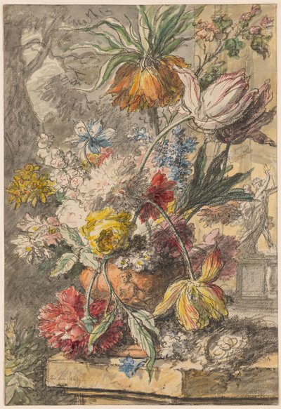 石の台座に置かれた壷に入った花と鳥の巣、背景は「アポロとダフネ」像 作： Jan van Huysum