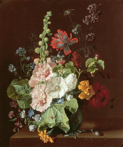 花瓶のタチアオイと他の花、1702-20 作： Jan van Huysum