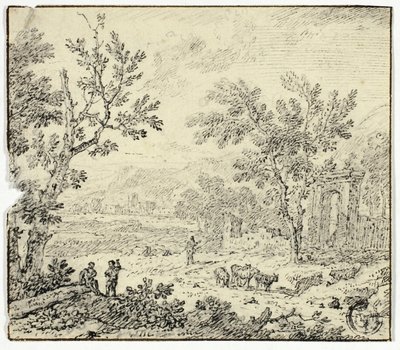 ヤギ、ヤギ飼い、廃墟のある風景 作： Jan van Huysum