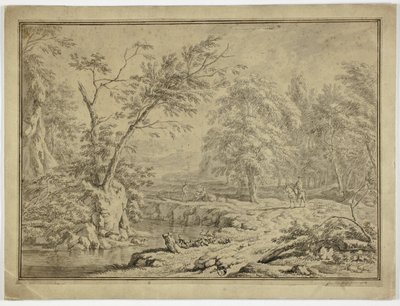 川沿いの羊飼いと馬に乗った人のいる風景 作： Jan van Huysum