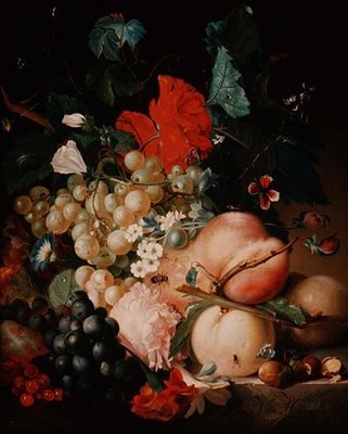 大理石の台座に描かれた花と果物と昆虫のミックス 作： Jan van Huysum