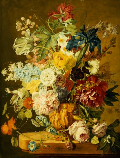 バラの花びら、牡丹、チューリップ、朝顔、アイリス、コロンバイン、ポピー、ジョンキルス、石の棚の彫刻が施された壷のその他の花 作： Jan van Huysum