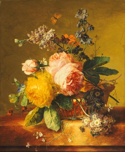 大理石の棚のバスケットに入れられたバラと他の花、1742年頃 作： Jan van Huysum