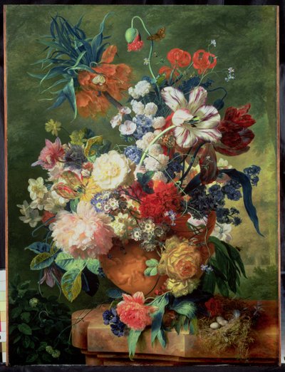 台座の上の花と鳥の巣の静物 作： Jan van Huysum