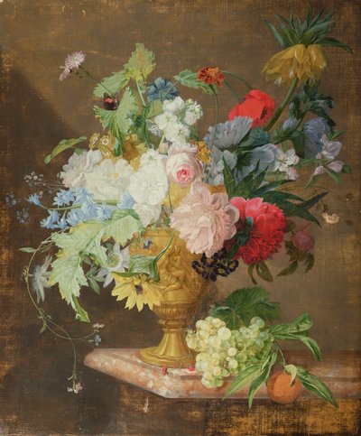 大理石の棚の上に黄金の花瓶に花の静物 作： Jan van Huysum