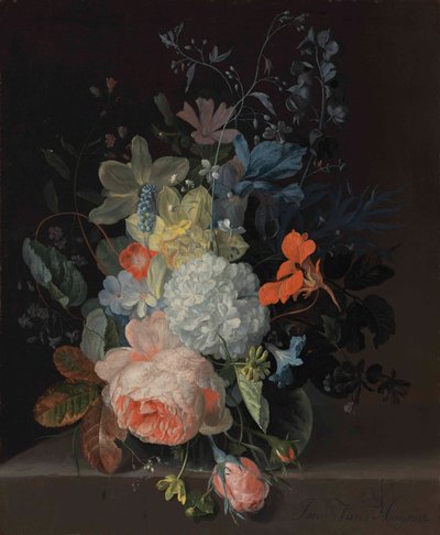縁台に置かれた花瓶、バラ、スノーボール、水仙、花菖蒲入り 作： Jan van Huysum