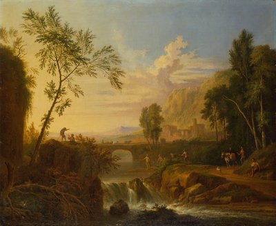 墓のそばの農民の夫婦と滝のそばの漁師のいる樹木が茂った風景（オイル） 作： Jan van Huysums