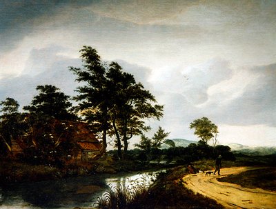 コテージのある川の風景、二人の農民とその犬（油彩・パネル） 作： Jan van III Kessel