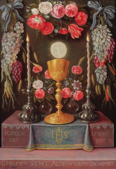 花と果実で飾られたカルトゥーシュで聖体を持つ聖杯、c.1664 作： Jan van Kessel the Elder