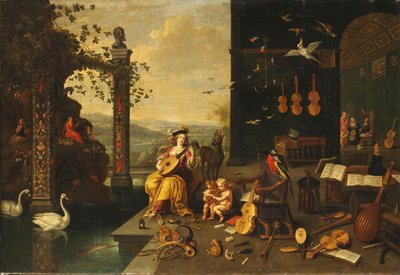 音楽の擬人化：オープンギャラリーの前にテラスでリュートを演奏する若い女性 作： Jan van Kessel