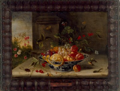 磁器のボウル、果物、昆虫を含む装飾的な静物画の構成、17世紀半ば 作： Jan van Kessel