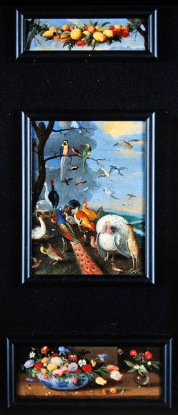 静物タブロー-果物のガーランド、さまざまな鳥、花束 作： Jan van Kessel the Elder