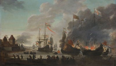 メドウェイ空襲でイギリス船を燃やすオランダ船 作： Jan van Leyden
