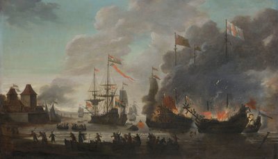 1667 年 6 月 20 日、メドウェイでのオランダの襲撃中のオランダのバーニング イングリッシュ シップ 作： Jan van Leyden