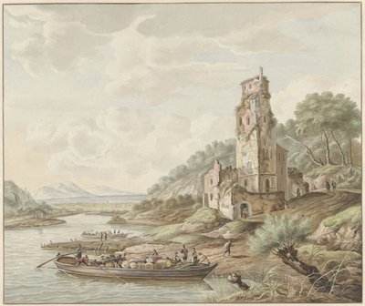 城の近くに商品のあるはしけのある風景 作： Jan van Lockhorst