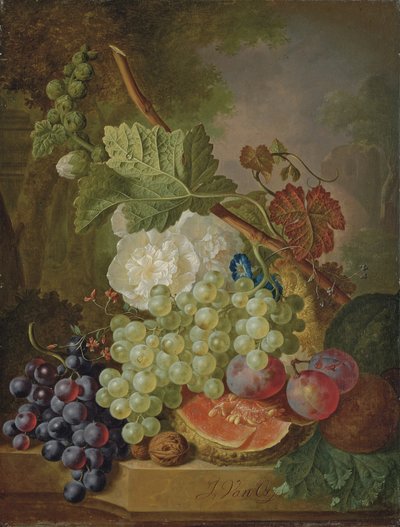 石棚の上の花、ブドウ、プラム、クルミ、メロン 作： Jan van Os