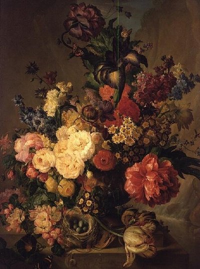 滝のほとりの岩場に咲く花 作： Jan van Os
