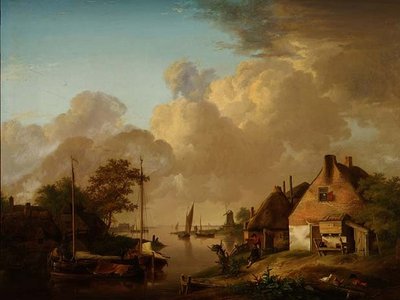 村、はしけ、農民のいる川の風景 作： Jan van Os