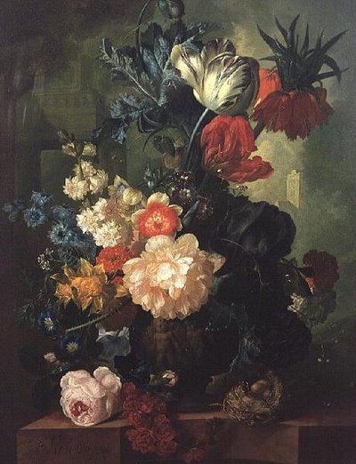 バラ、チューリップ、カーネーションなどの花々を彫刻された骨壷に入れて 作： Jan van Os
