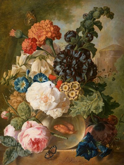 バラ、菊、シャクヤク、その他の花、ガラスの花瓶に金魚と石の棚 作： Jan van Os