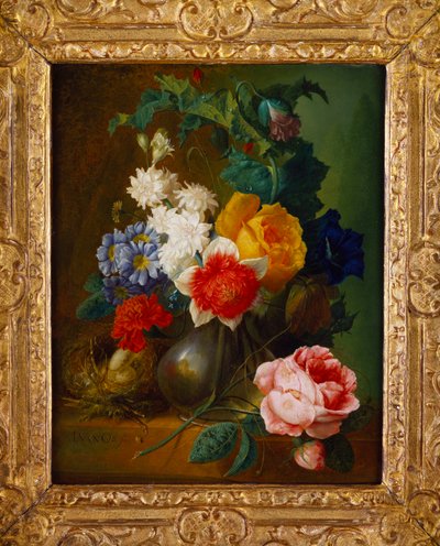 バラ、ポピー、アサガオ、花びらの中の他の花、鳥の巣が棚の上に 作： Jan van Os