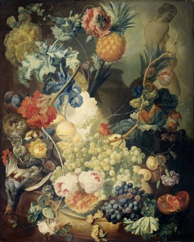 花、果物、鳥のある静物 作： Jan van Os
