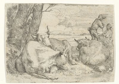 3頭の牛と2頭の羊飼い 作： Jan van Ossenbeeck