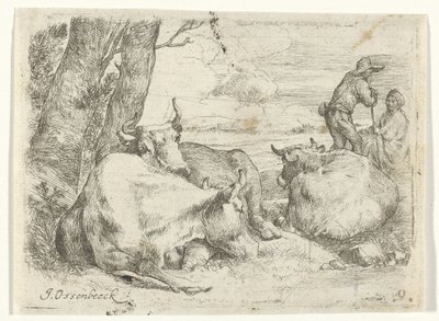 3頭の牛と2頭の羊飼い 作： Jan van Ossenbeeck