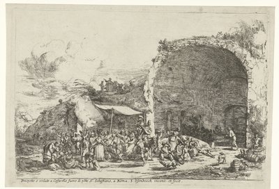 ニンフエゲリアの洞窟の遺跡での祝祭 Prospetto e veduto a Cafarelle fuoro di porte S. Sebastiano, a Roma (オブジェクトのタイトル) 作： Jan van Ossenbeeck