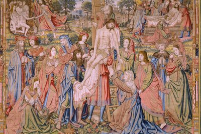 フランダースのタペストリー。 シリーズ キリストの情熱: 十字架からの降下 (Kruisafneming, Descendimiento de la cruz)。 ピーター・ファン・アールスト社のマニュファクチュール。 漫画家ヤン・ヴァン・ルーム。 Ca 1507-1520。 詳細。 作： Jan van Roome