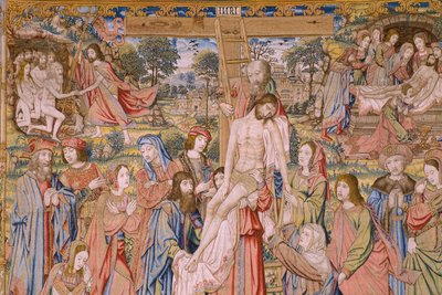 フランダースのタペストリー。 シリーズ キリストの受難: 十字架からの降下 (Kruisafneming, Descendimiento de la cruz)。 ピーター・ファン・アールスト社のマニュファクチュール。 漫画家ヤン・ヴァン・ルーム。 Ca 1507-1520。 詳細。 作： Jan van Roome