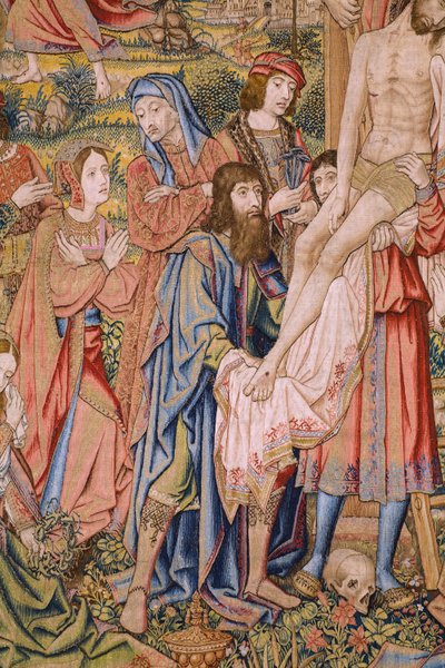 フランダースのタペストリー。 シリーズ キリストの情熱: 十字架からの降下 (Kruisafneming, Descendimiento de la cruz)。 ピーター・ファン・アールスト社のマニュファクチュール。 漫画家ヤン・ヴァン・ルーム。 Ca 1507-1520。 詳細。 作： Jan van Roome