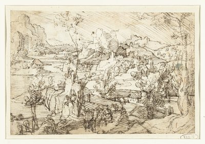 岩、人物、帆船のある風景 作： Jan van Scorel (attributed to)