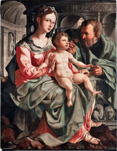 聖家族 ヤン・ファン・スコレル（1495-1562）による絵画 1522年 薄暗い 130x100cm ゲネス、ストラーダ・ヌオーヴァ美術館（元パラッツォ・ビアンコ） イタリア 作： Jan van Scorel