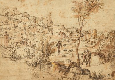 川辺の羊飼いのいる風景とその向こうの町（レクト）；人物研究とローマ遺跡（裏面） 作： Jan van Scorel