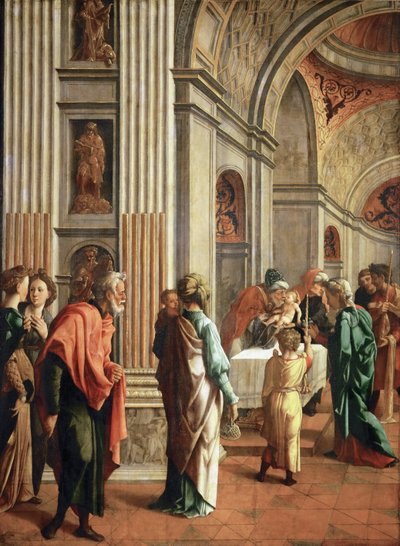 神殿でのプレゼンテーション - ヤン・ファン・スコレル（1495-1562）。木に油彩、約1530-1536年。サイズ：114x85 cmヴィエンヌ美術史博物館 作： Jan van Scorel
