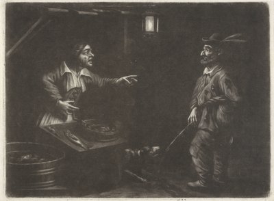 魚屋と小便をする男性の夜景 作： Jan van Somer