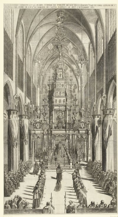 Lijkdienst voor Filips IV te Brussel、1665 燃える礼拝堂、そしてサント教会で行われたフィリップ3世ロイ・デ・エスパーニュの葬列。 s の順に Gudule します。 過剰。 1665 年 11 月 4 日と 5 日のカステル ロドリゴ侯爵 (オブジェクトのタイトル) 作： Jan van Troyen