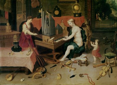 聴覚の寓意、オルガニストの詳細 作： Jan van and Balen, Hendrik van Kessel