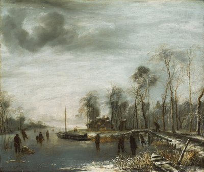 凍った水路にスケーターとコルフプレーヤーがいる冬の風景、1653年 作： Jan van de Capelle or Cappelle