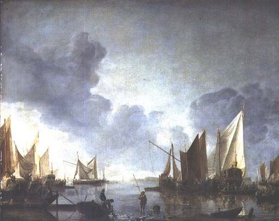 凪の状態で、国の船で先陣を切る要人と、その手前には漁師たちがいる 作： Jan van de Capelle or Cappelle