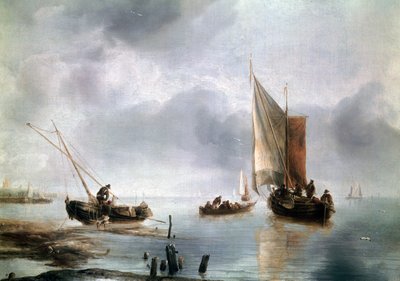 軽快な空気の中の小さな船と、陸に上がった別の船、1650-1660年頃、ヤン・ファン・デ・カペル（1624-1679年頃）作、油彩・キャンバス、34、8x48 作： Jan van de Capelle or Cappelle