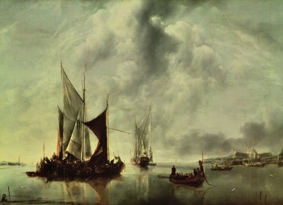 穏やかな、または、1651年以降の海岸近くのボート（キャンバスに油彩） 作： Jan van de Capelle or Cappelle