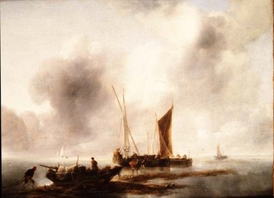 凪の中で漁獲物を降ろす漁師 作： Jan van de Capelle or Cappelle
